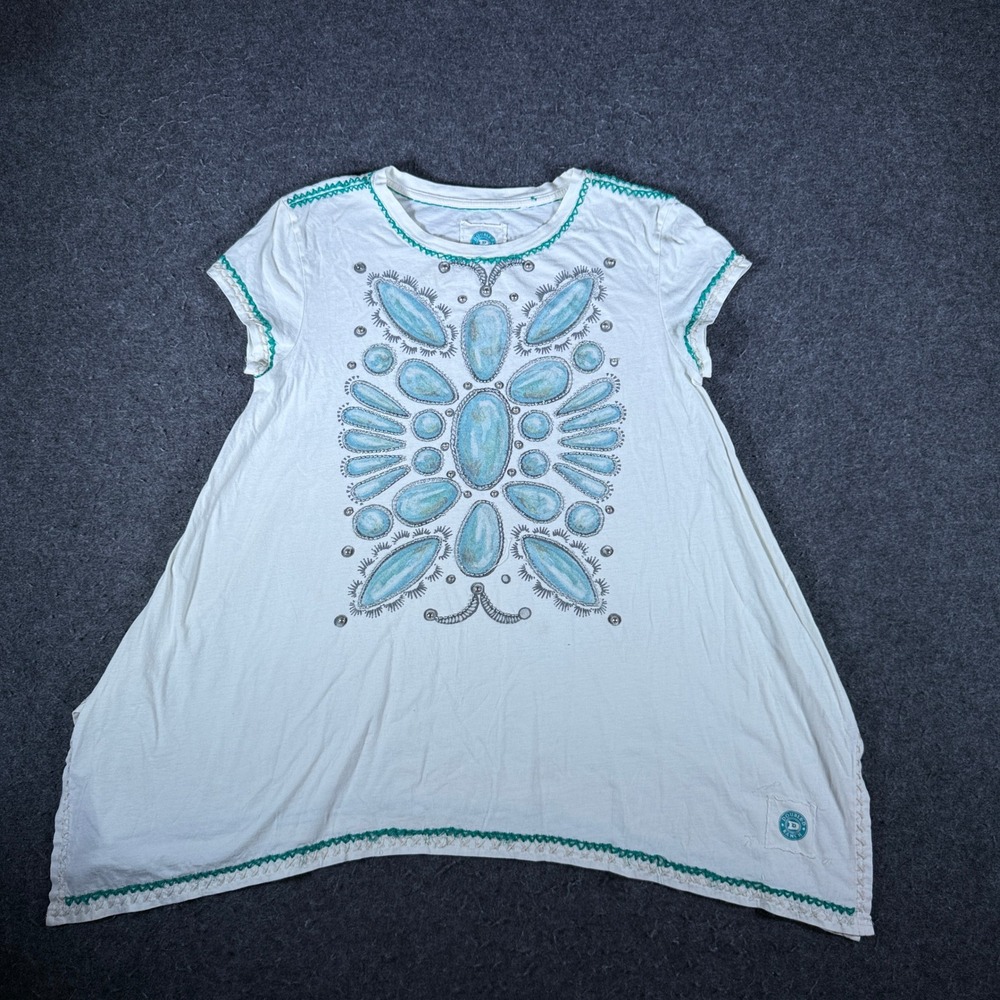 Double D Ranch Womens Cream Turquoise Graphic Studded Western Tunic Top Medium